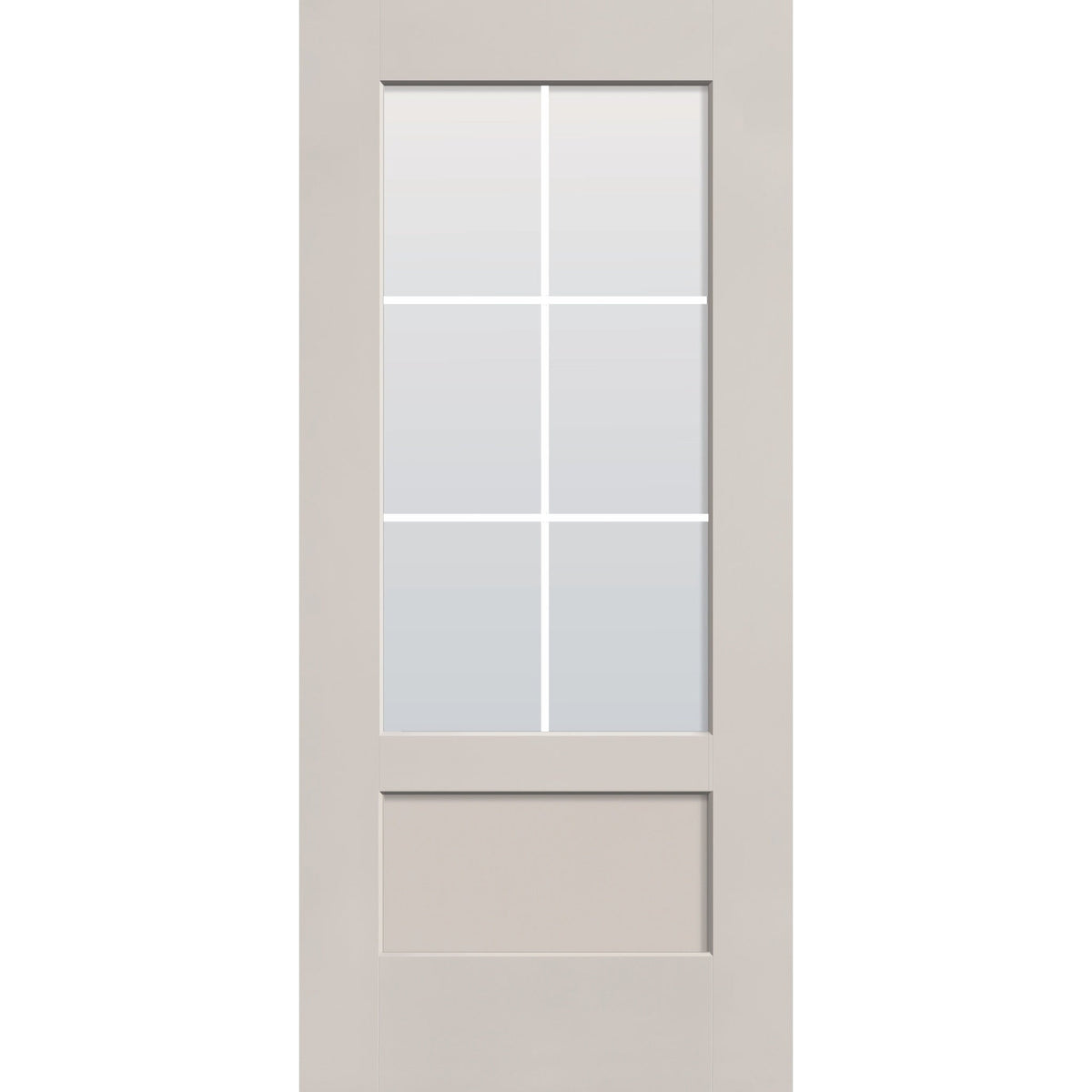6 light grille flush glazed fiberglass entry door, 3/4 lite shaker, 36" x 80", white satin smooth finish, white grilles between glass