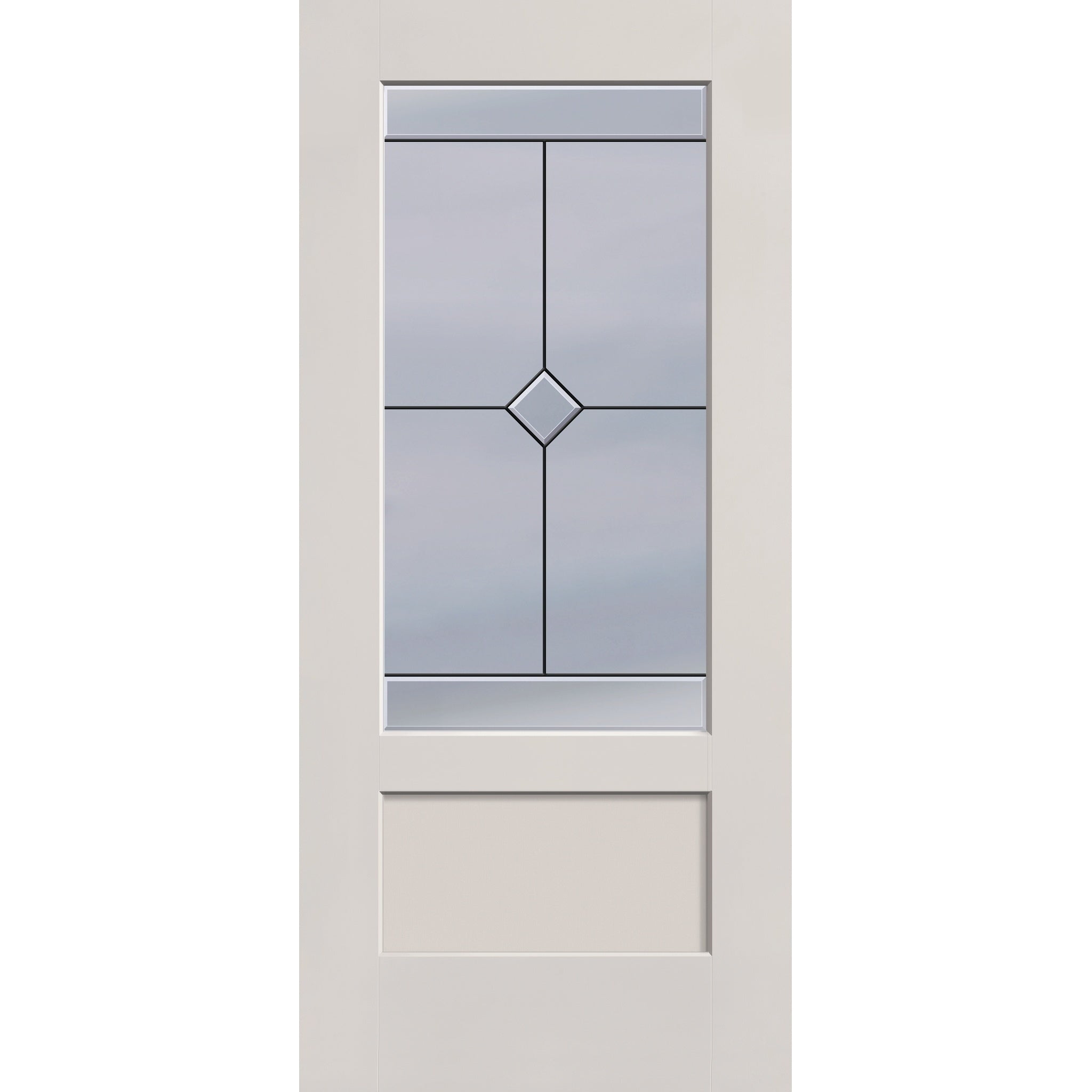 Garrison flush glazed fiberglass entry door, 3/4 lite shaker, 36" x 80", white satin smooth finish, Patina caming