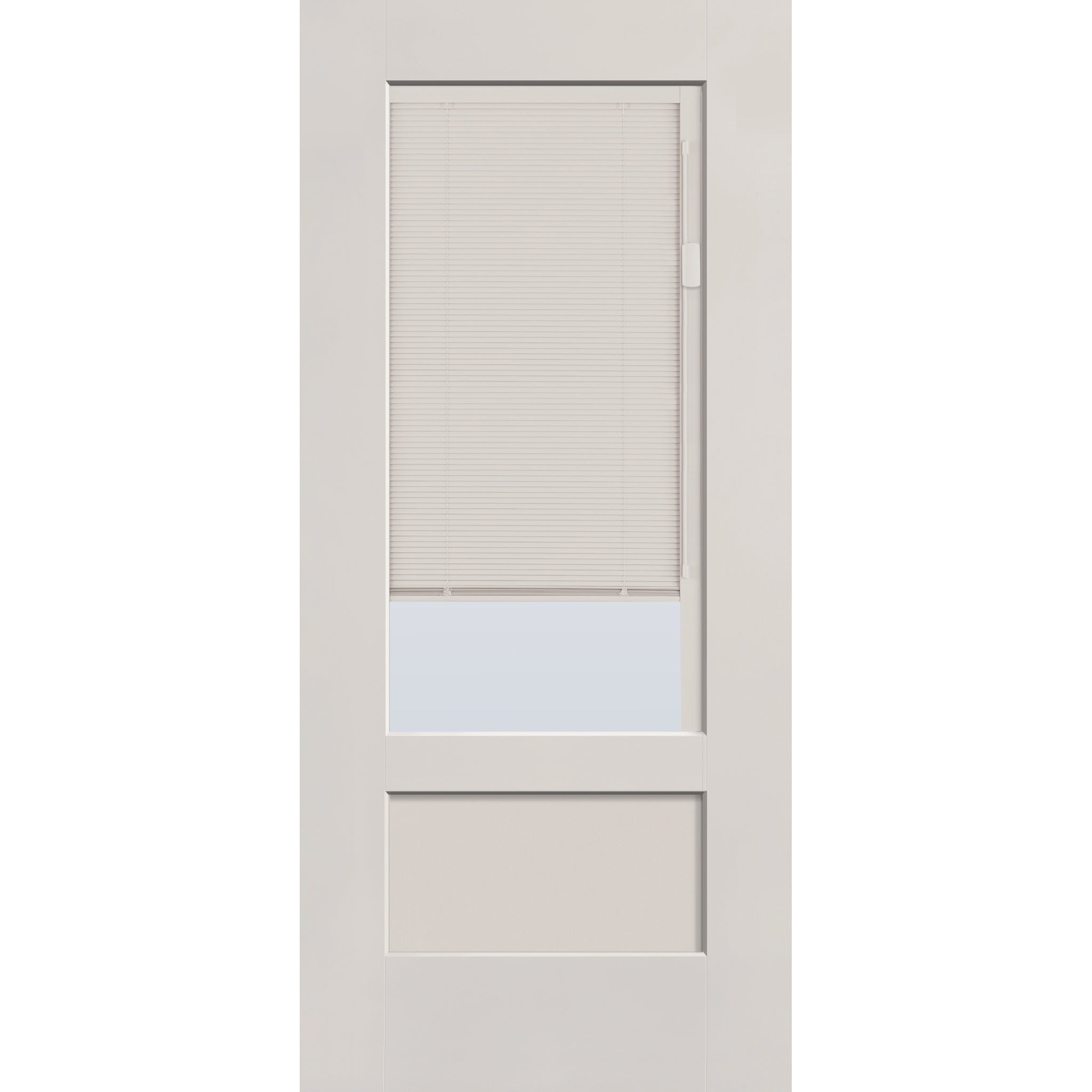 Raise & Lower Blinds flush glazed fiberglass entry door, 3/4 lite shaker, 36" x 80", white satin smooth finish, white blinds