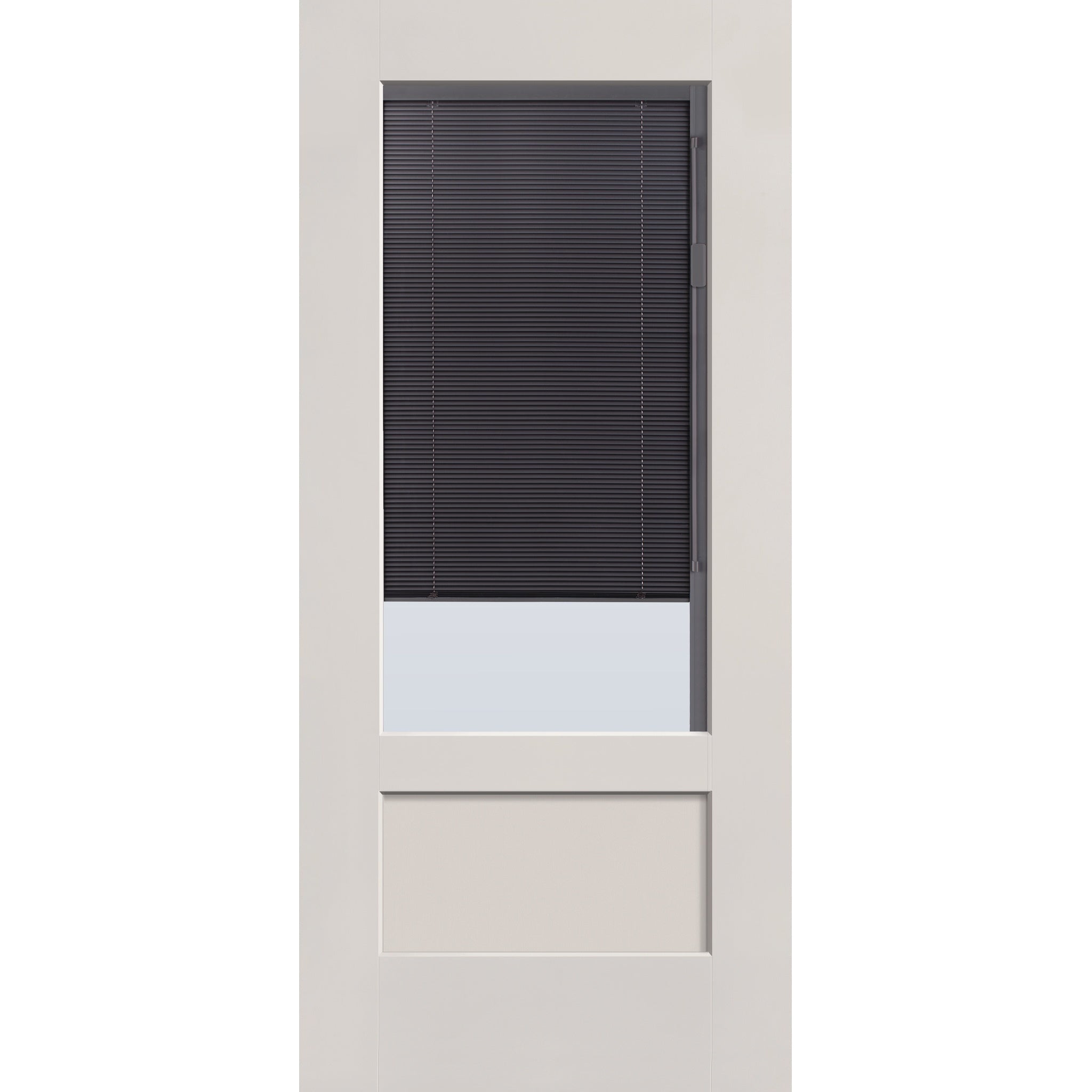 Raise & Lower Blinds flush glazed fiberglass entry door, 3/4 lite shaker, 36" x 80", white satin smooth finish, slate blinds