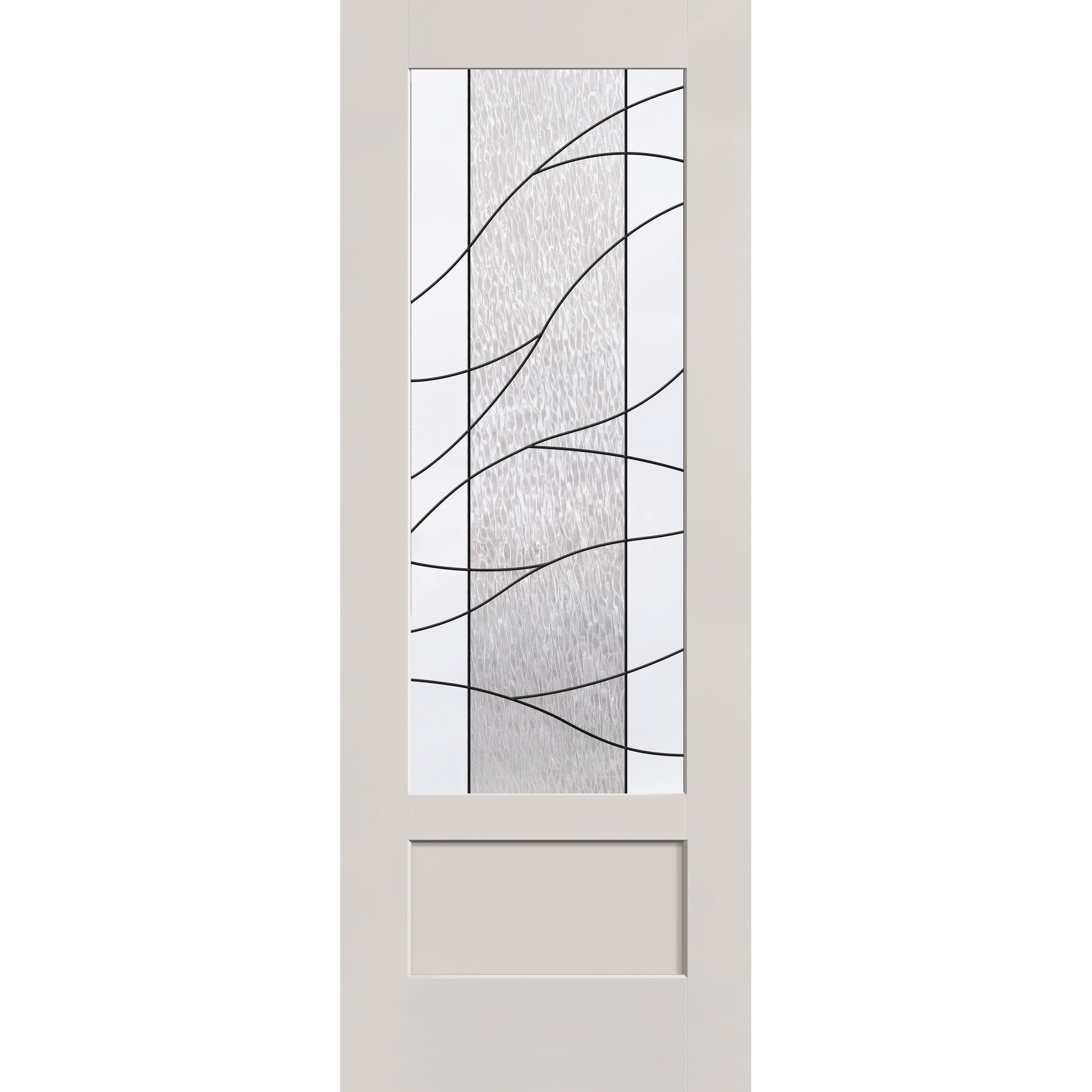 Briselle flush glazed fiberglass entry door, 3/4 lite shaker, 36" x 96", white satin smooth finish, Patina caming