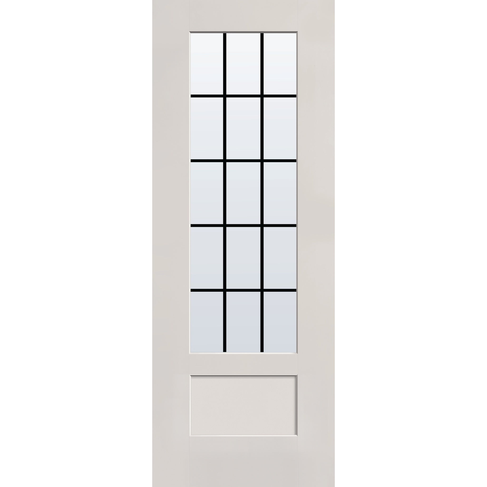 15 light grille flush glazed fiberglass entry door, 3/4 lite shaker, 36" x 96", white satin smooth finish, white grilles between glass