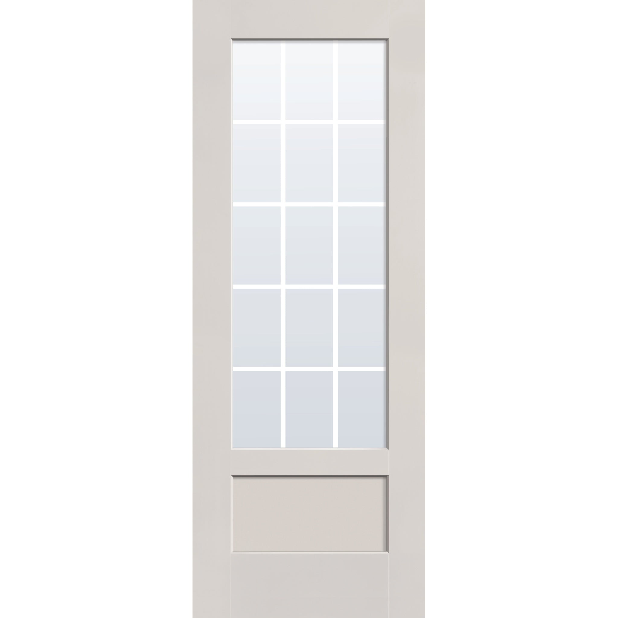 15 light grille flush glazed fiberglass entry door, 3/4 lite shaker, 36" x 96", white satin smooth finish, white grilles between glass