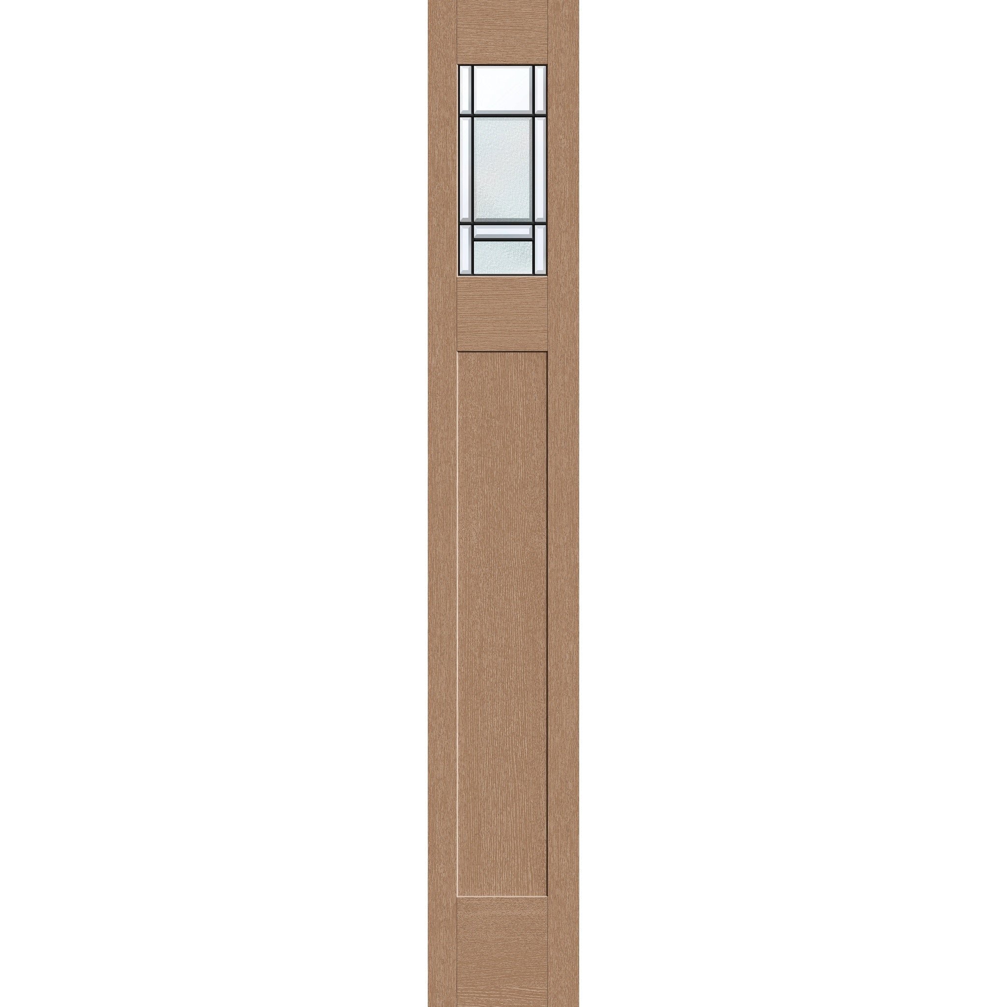 Berkley flush glazed hurricane-rated fiberglass sidelite panel, Craftsman top lite, 12" x 80", tan woodgrain finish, Patina caming