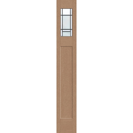 Berkley flush glazed hurricane-rated fiberglass sidelite panel, Craftsman top lite, 12" x 80", tan woodgrain finish, Patina caming