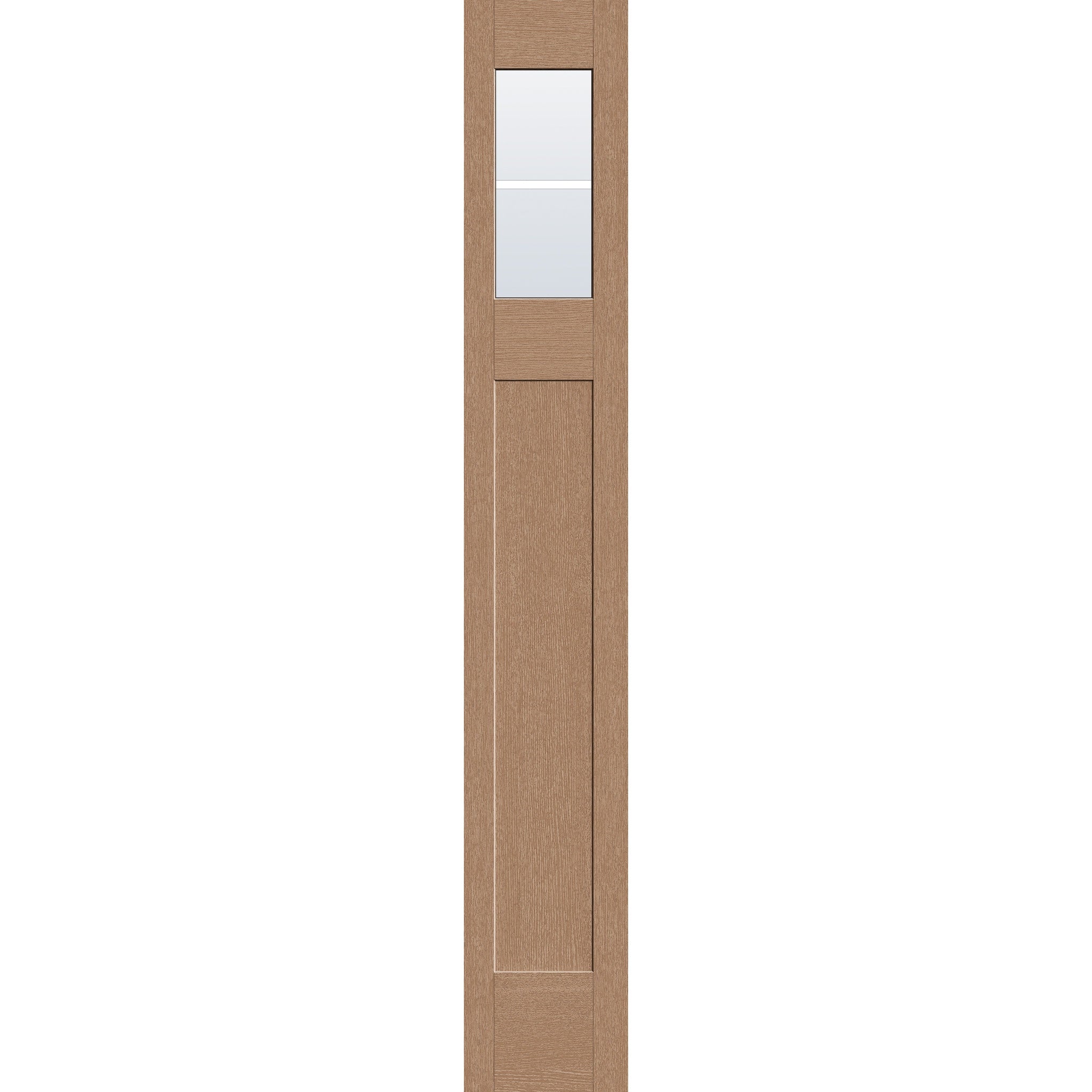 2 light grille flush glazed hurricane-rated fiberglass sidelite panel, Craftsman top lite, 12" x 80", tan woodgrain finish, white grilles between glass