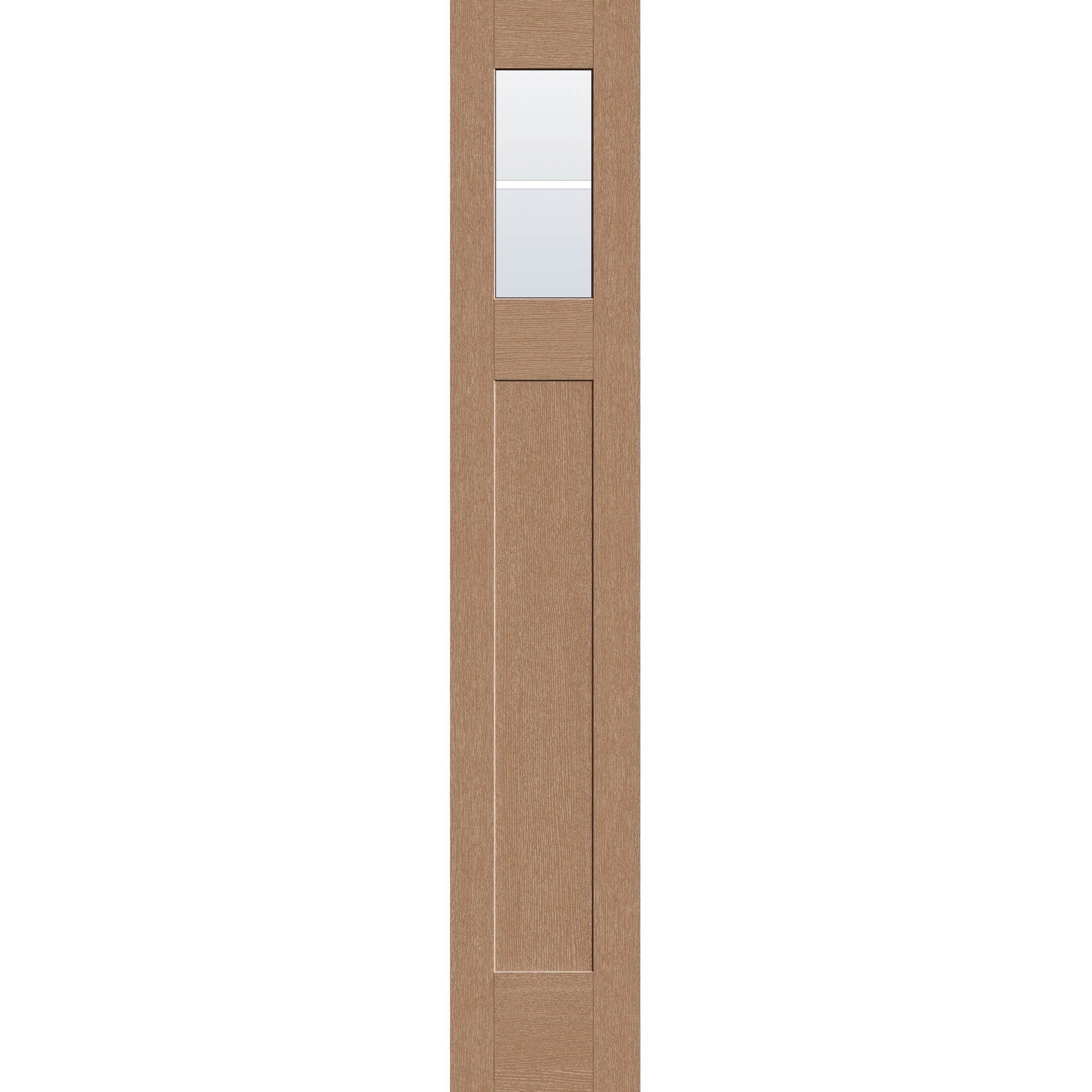 2 light grille flush glazed fiberglass sidelite panel, Craftsman top lite, 14" x 80", tan woodgrain finish, white grilles between glass