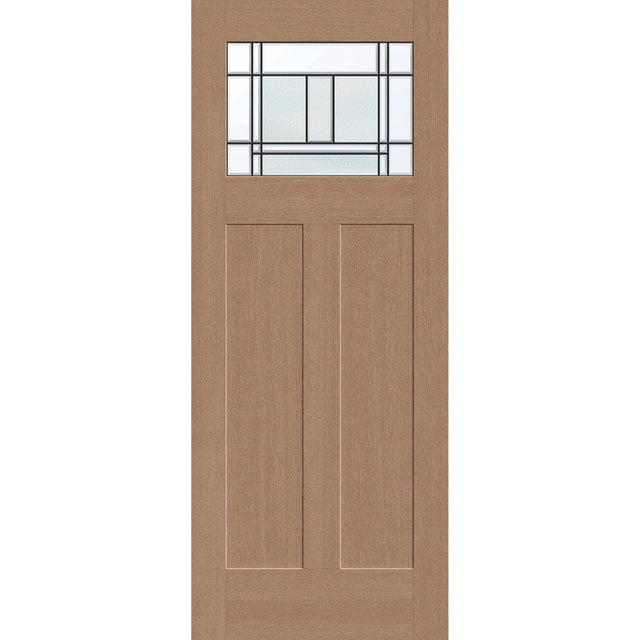 Berkley flush glazed hurricane-rated fiberglass entry door, Craftsman 2 panel, 32" x 80", tan woodgrain finish, Patina caming