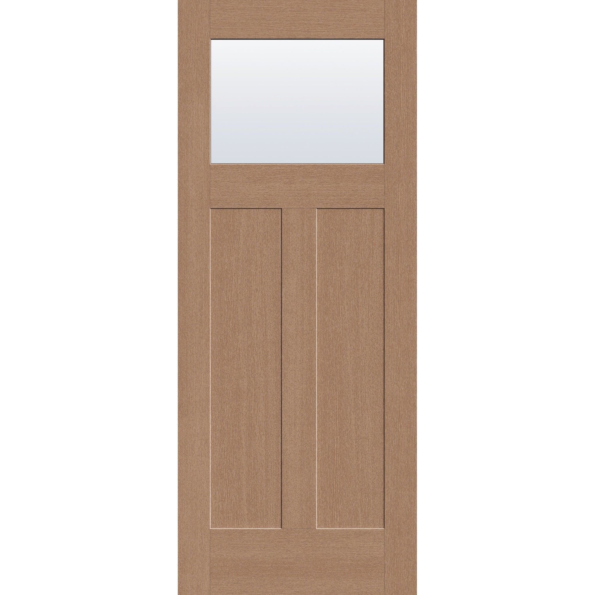 Clear flush glazed hurricane-rated fiberglass entry door, Craftsman 2 panel, 32" x 80", tan woodgrain finish