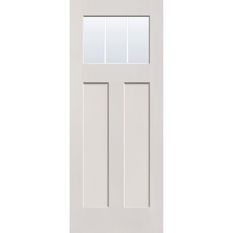 3 light grille flush glazed hurricane-rated fiberglass entry door, Craftsman 2 panel, 32" x 80", white satin smooth finish, white grilles between glass