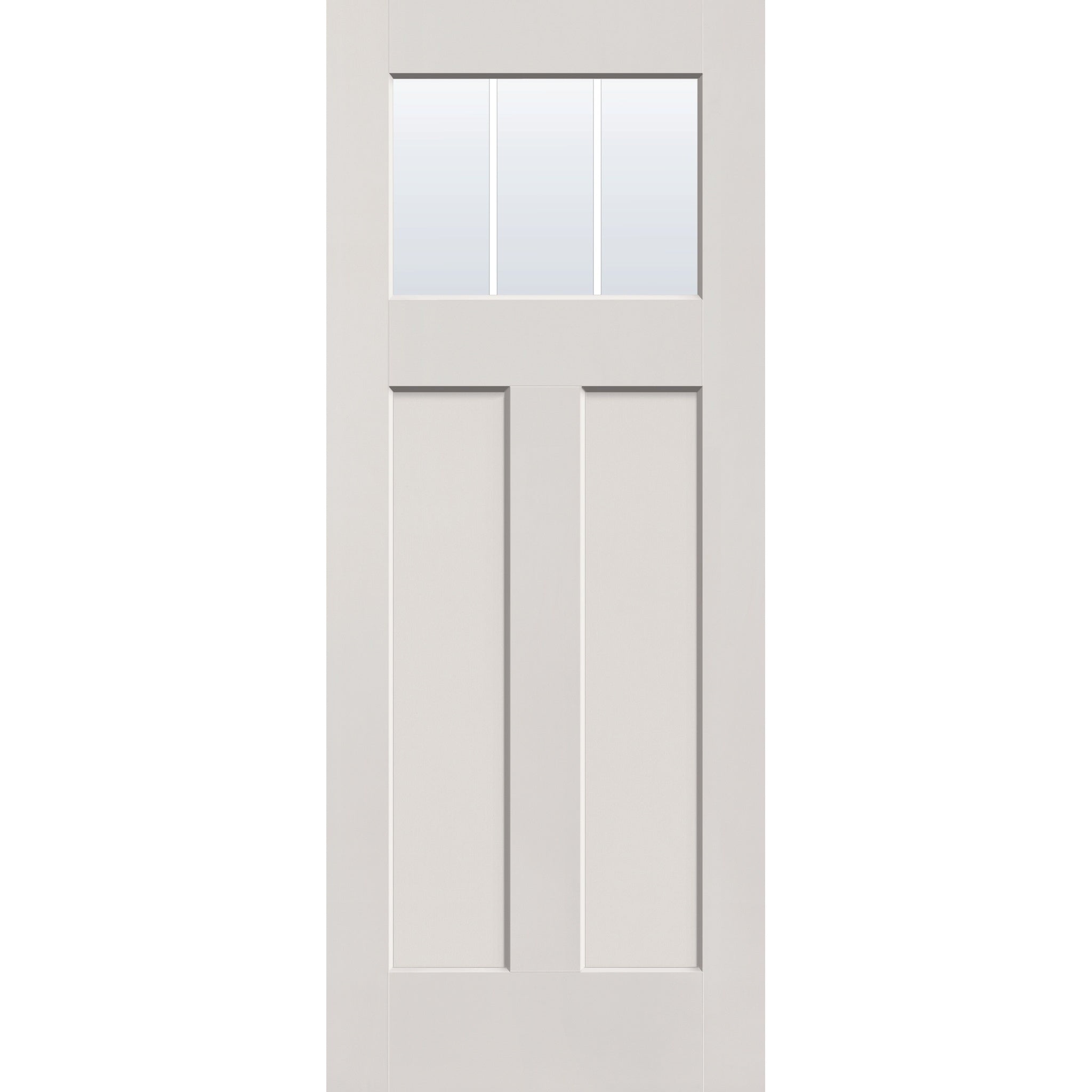 3 light grille flush glazed fiberglass entry door, Craftsman 2 panel, 32" x 80", white satin smooth finish, white grilles between glass