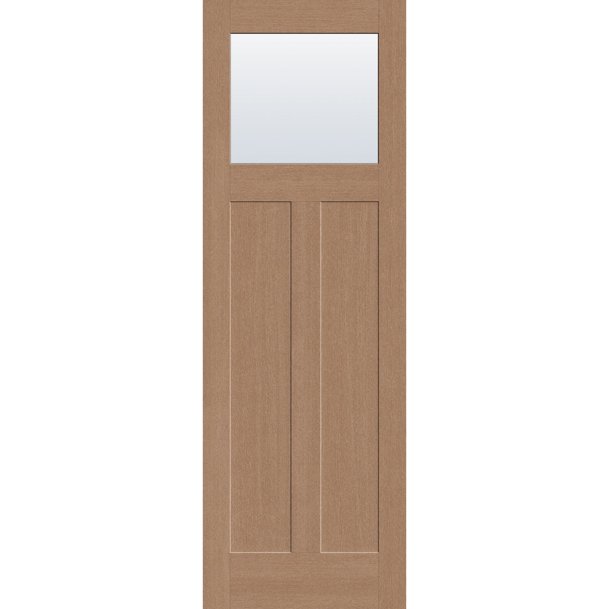 Clear flush glazed fiberglass entry door, Craftsman 2 panel, 32" x 96", tan woodgrain finish