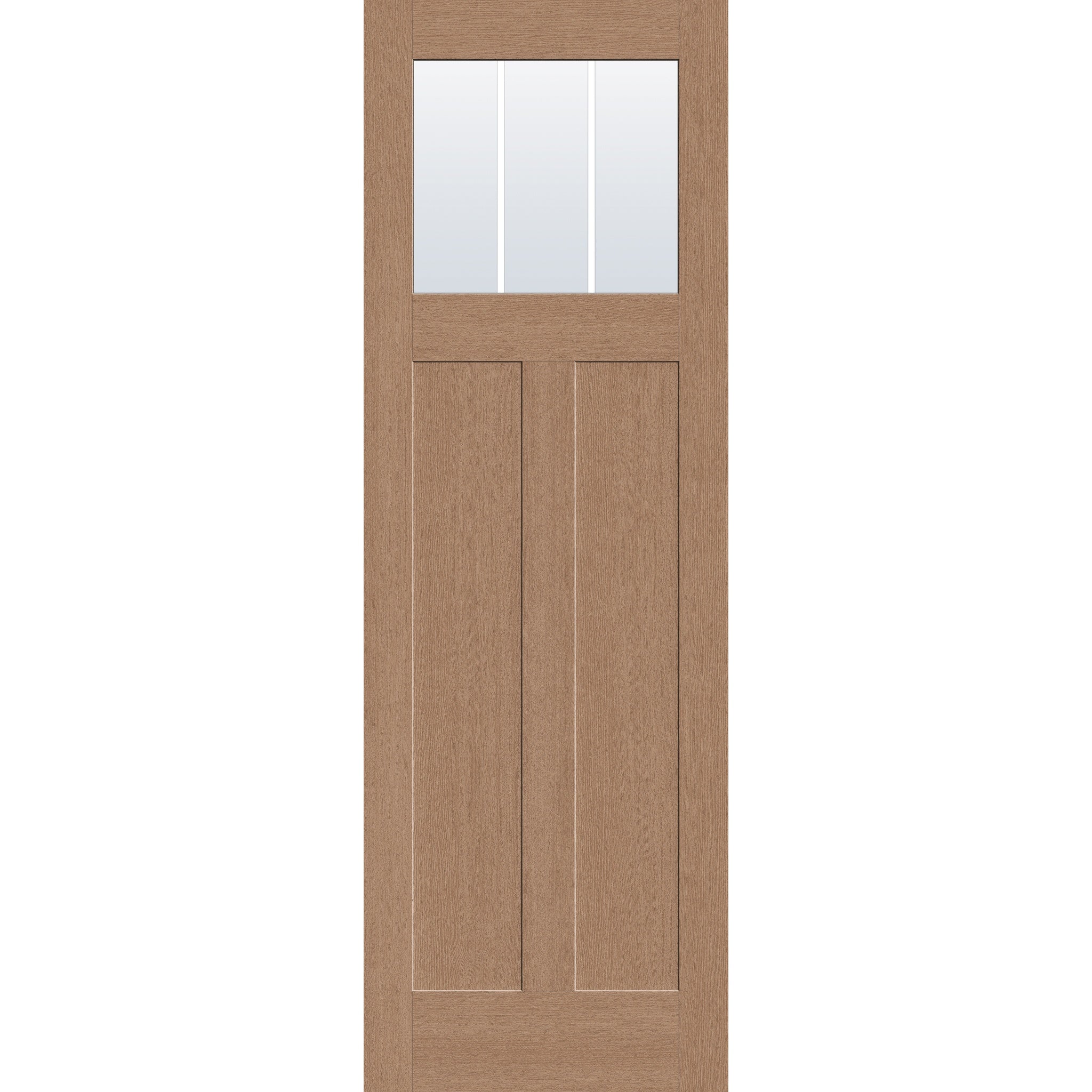 3 light grille flush glazed fiberglass entry door, Craftsman 2 panel, 32" x 96", tan woodgrain finish, white grilles between glass
