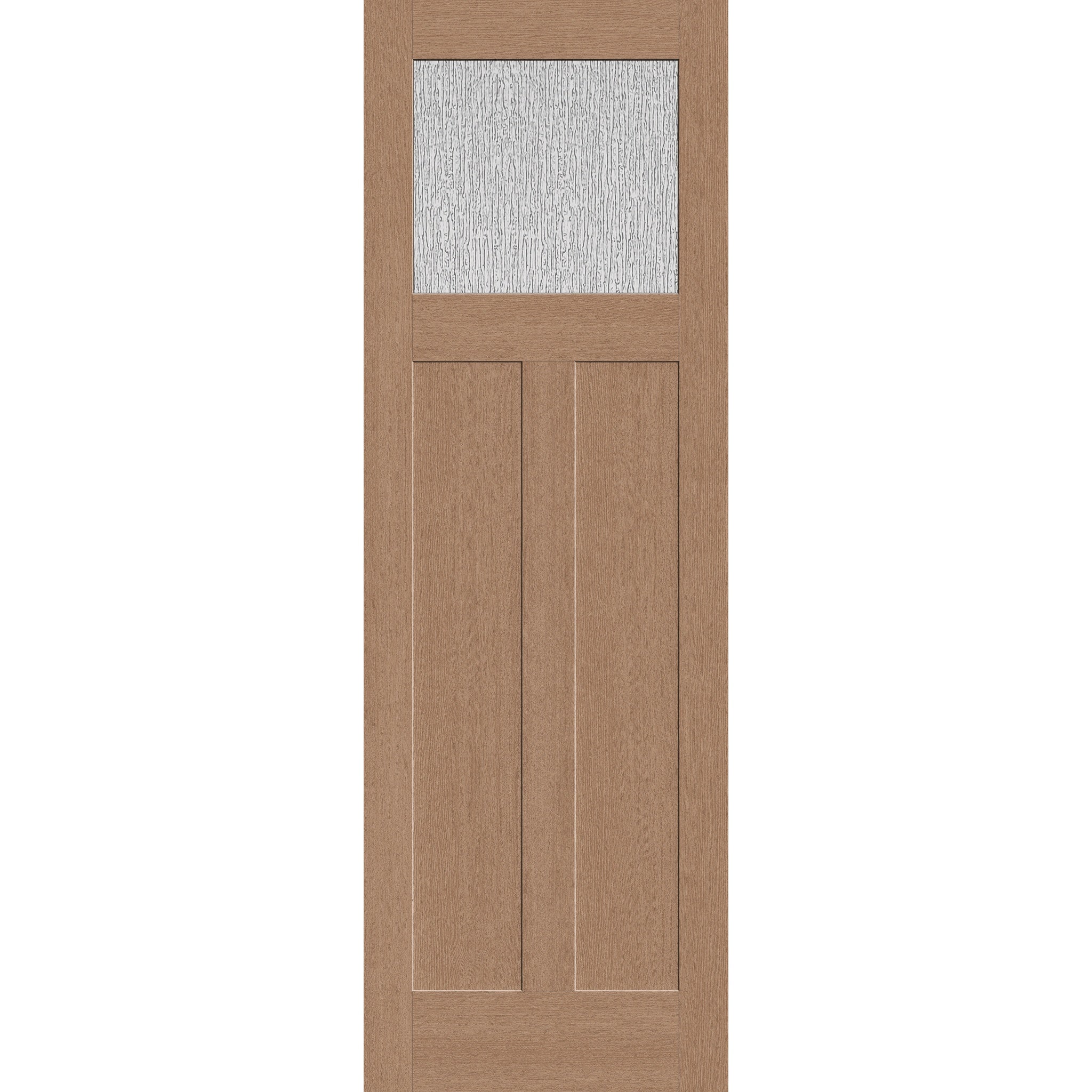 Rain flush glazed fiberglass entry door, Craftsman 2 panel, 32" x 96", tan woodgrain finish
