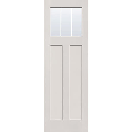 3 light grille flush glazed hurricane-rated fiberglass entry door, Craftsman 2 panel, 32" x 96", white satin smooth finish, white grilles between glass