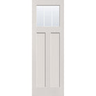 3 light grille flush glazed hurricane-rated fiberglass entry door, Craftsman 2 panel, 32" x 96", white satin smooth finish, white grilles between glass