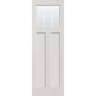 6 light grille flush glazed hurricane-rated fiberglass entry door, Craftsman 2 panel, 32" x 96", white satin smooth finish, white grilles between glass
