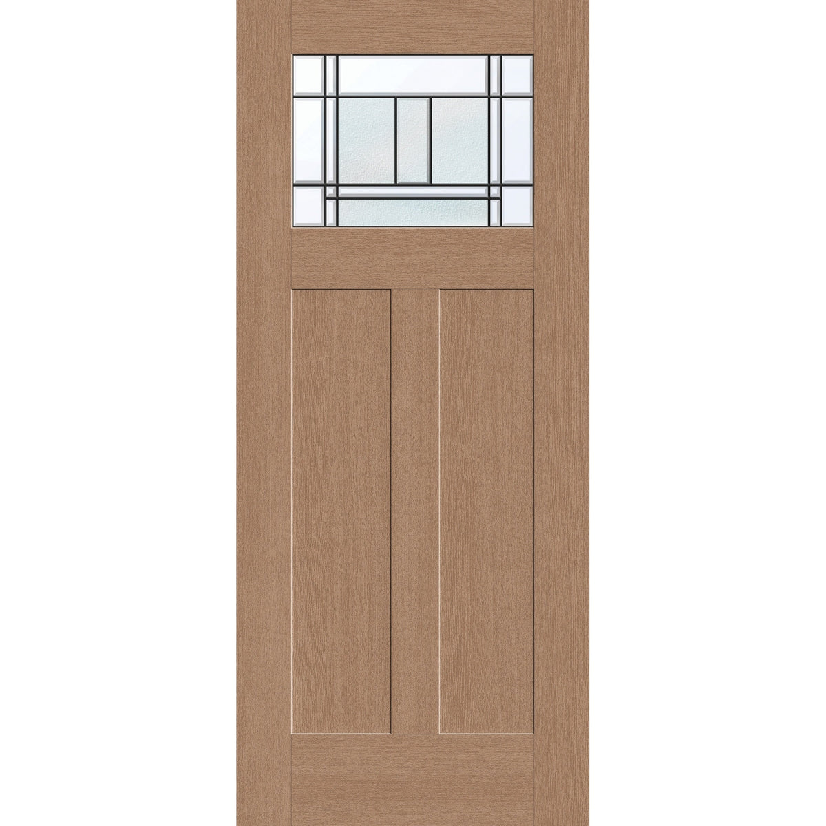Berkley flush glazed hurricane-rated fiberglass entry door, Craftsman 2 panel, 34" x 80", tan woodgrain finish, Patina caming