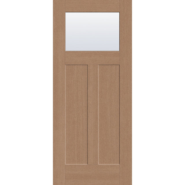Clear flush glazed hurricane-rated fiberglass entry door, Craftsman 2 panel, 34" x 80", tan woodgrain finish