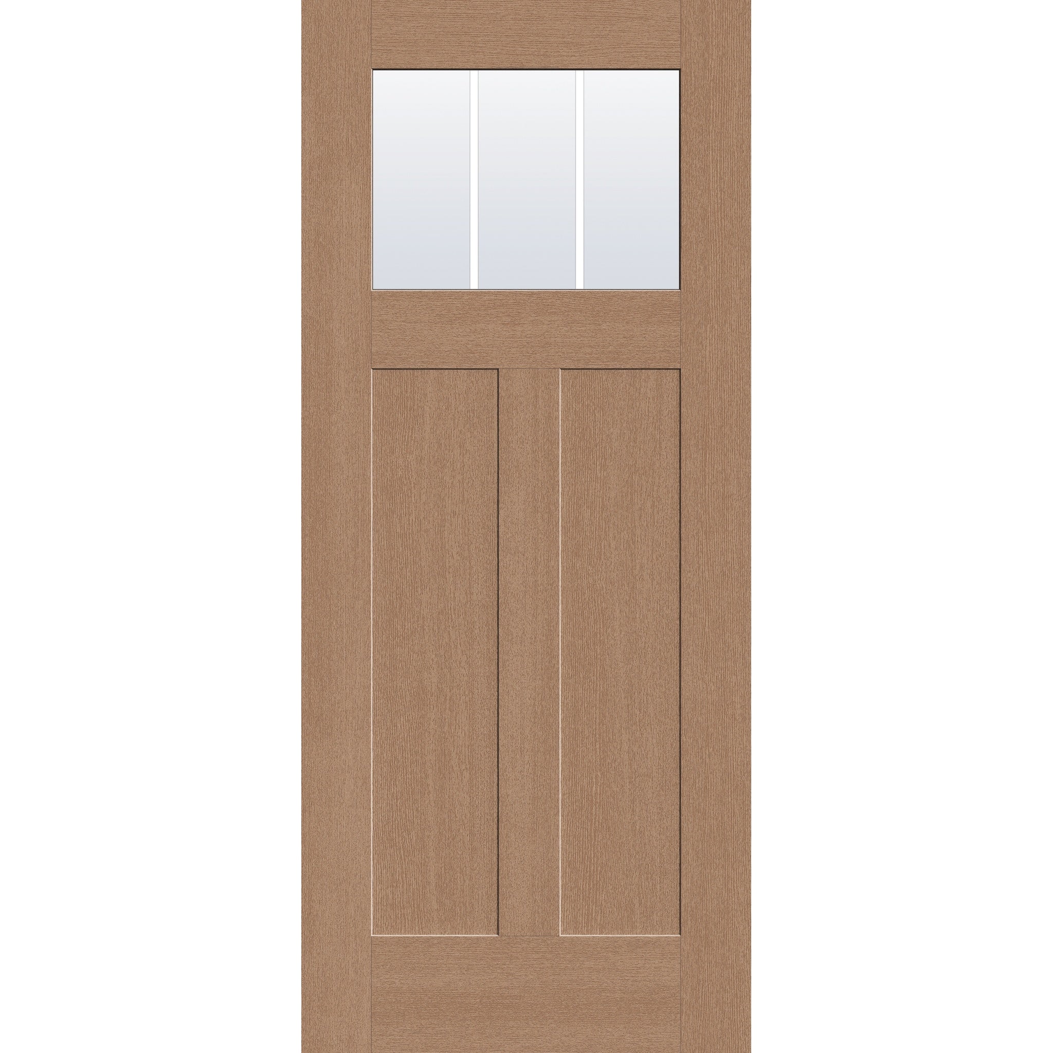3 light grille flush glazed hurricane-rated fiberglass entry door, Craftsman 2 panel, 34" x 80", tan woodgrain finish, white grilles between glass