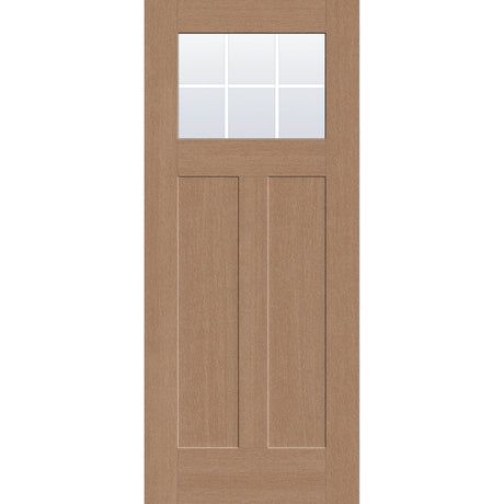 6 light grille flush glazed hurricane-rated fiberglass entry door, Craftsman 2 panel, 34" x 80", tan woodgrain finish, white grilles between glass