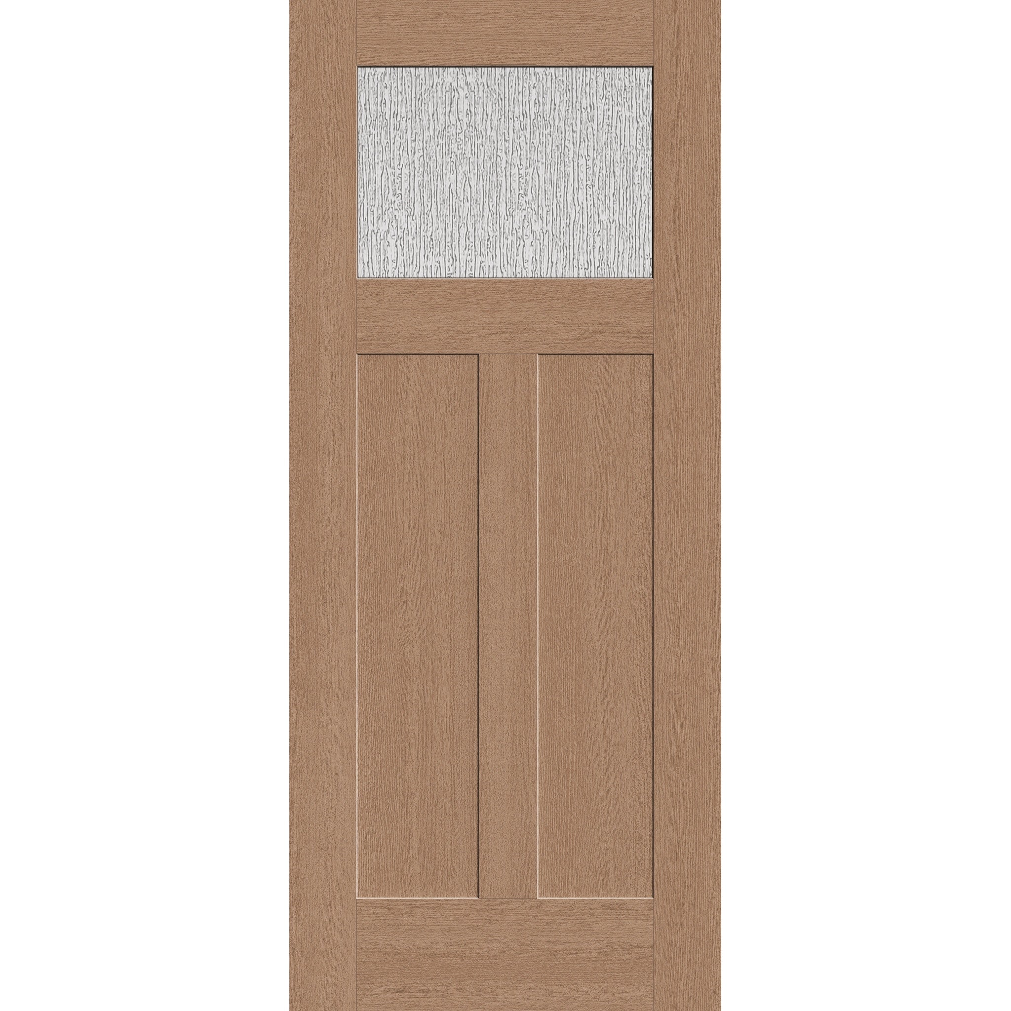 Rain flush glazed hurricane-rated fiberglass entry door, Craftsman 2 panel, 34" x 80", tan woodgrain finish