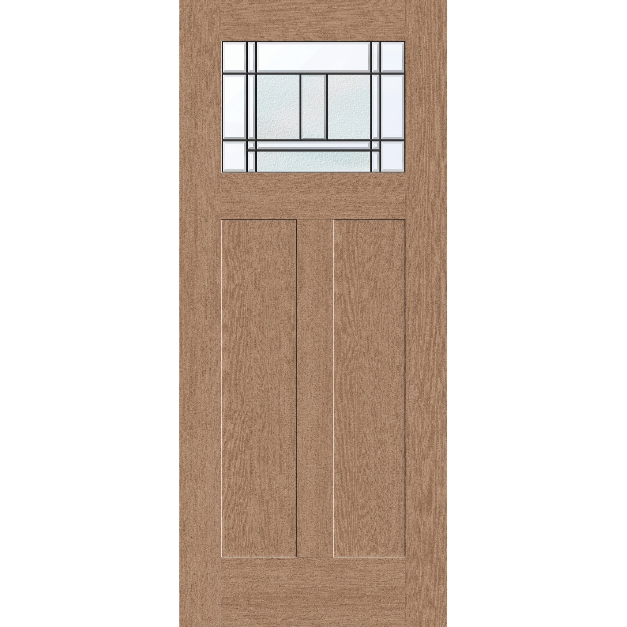 Berkley flush glazed fiberglass entry door, Craftsman 2 panel, 34" x 80", tan woodgrain finish, Patina caming