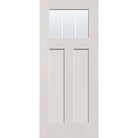 3 light grille flush glazed hurricane-rated fiberglass entry door, Craftsman 2 panel, 34" x 80", white satin smooth finish, white grilles between glass
