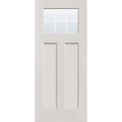 6 light grille flush glazed hurricane-rated fiberglass entry door, Craftsman 2 panel, 34" x 80", white satin smooth finish, white grilles between glass