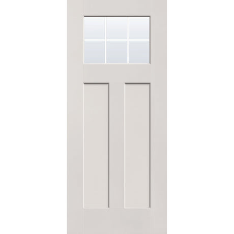 6 light grille flush glazed hurricane-rated fiberglass entry door, Craftsman 2 panel, 34" x 80", white satin smooth finish, white grilles between glass