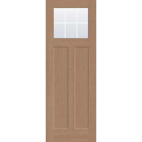 6 light grille flush glazed hurricane-rated fiberglass entry door, Craftsman 2 panel, 34" x 96", tan woodgrain finish, white grilles between glass