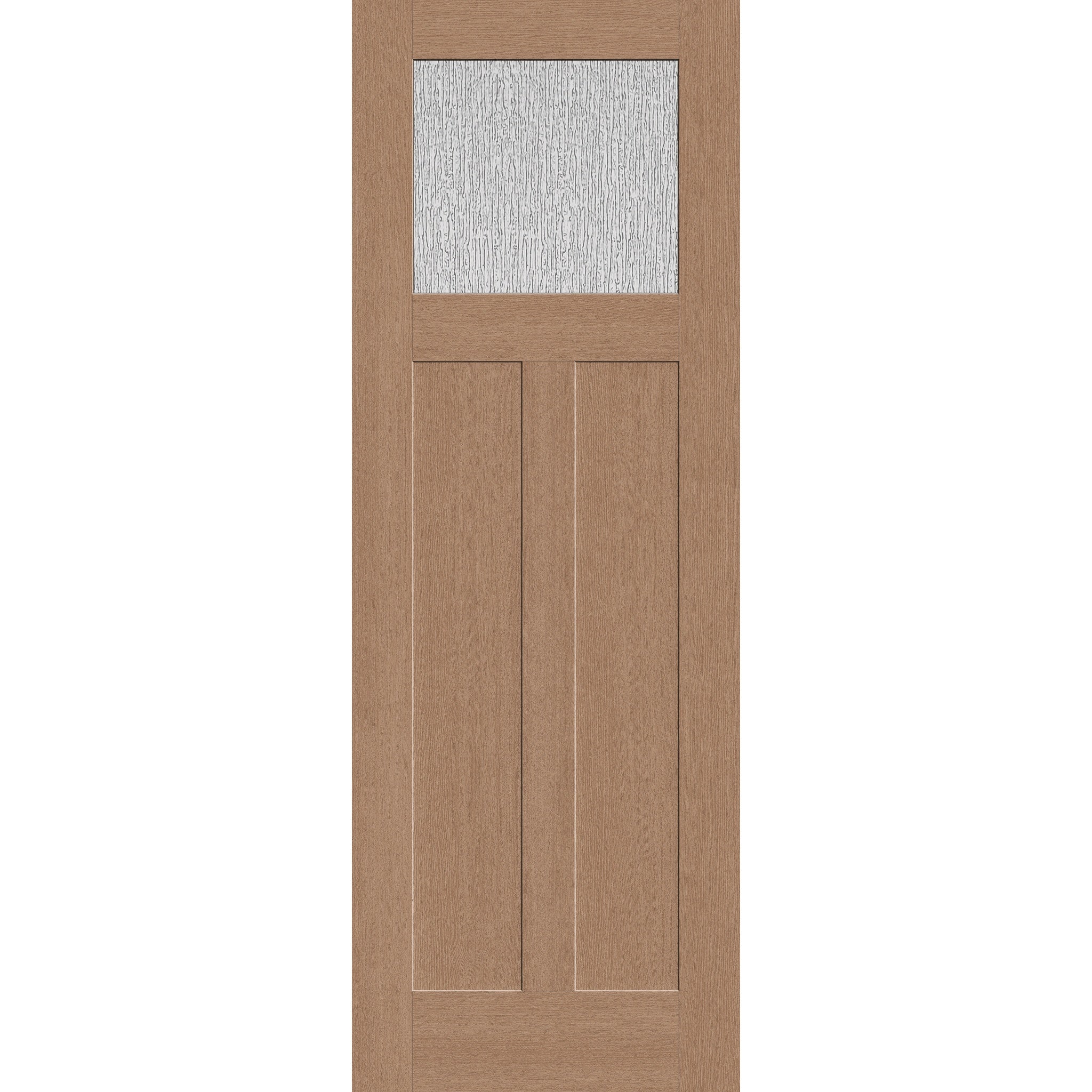 Rain flush glazed hurricane-rated fiberglass entry door, Craftsman 2 panel, 34" x 96", tan woodgrain finish
