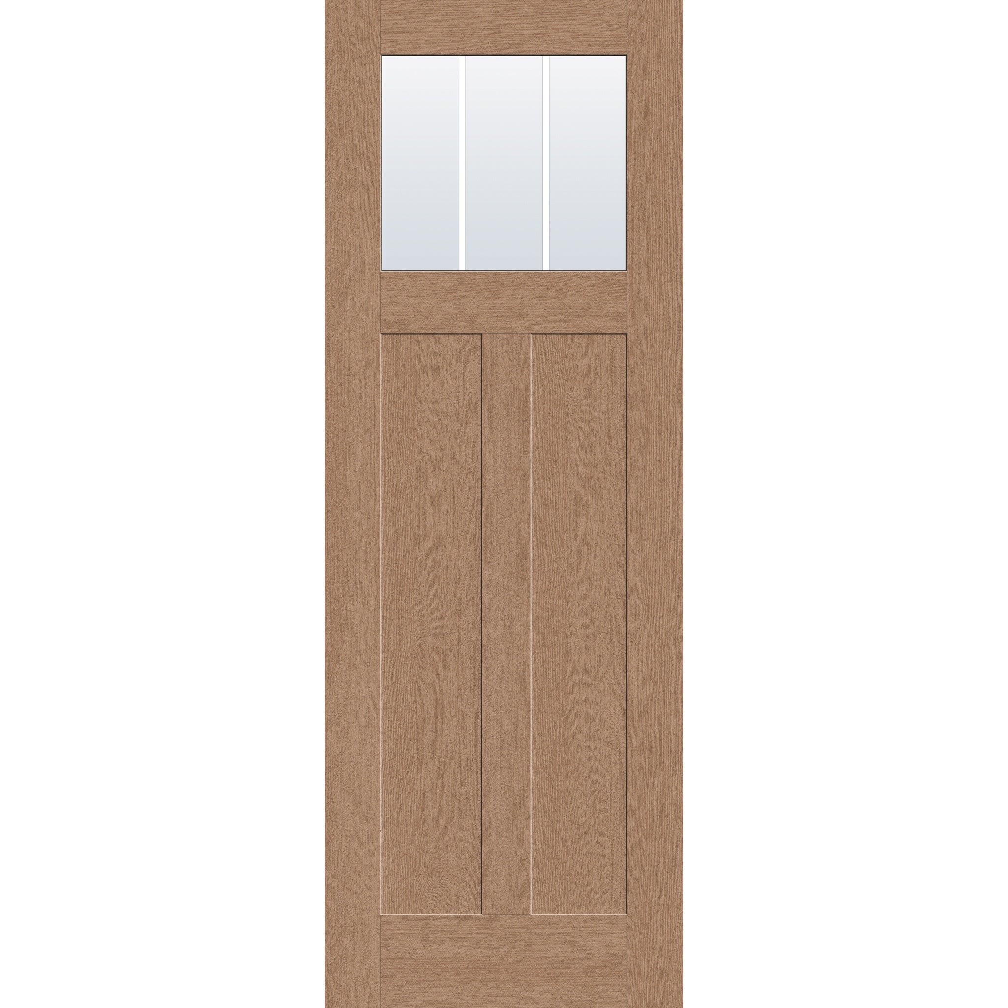 3 light grille flush glazed fiberglass entry door, Craftsman 2 panel, 34" x 96", tan woodgrain finish, white grilles between glass