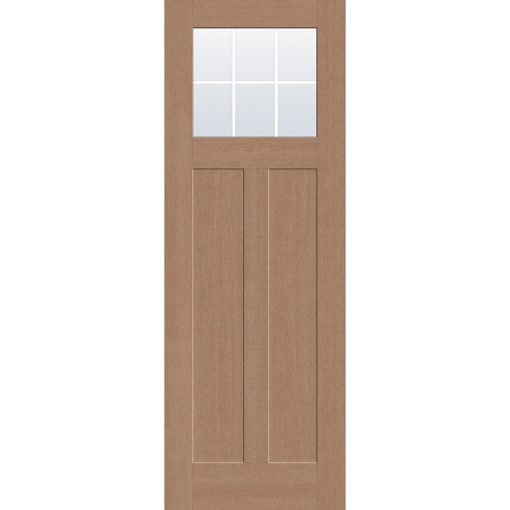 6 light grille flush glazed fiberglass entry door, Craftsman 2 panel, 34" x 96", tan woodgrain finish, white grilles between glass
