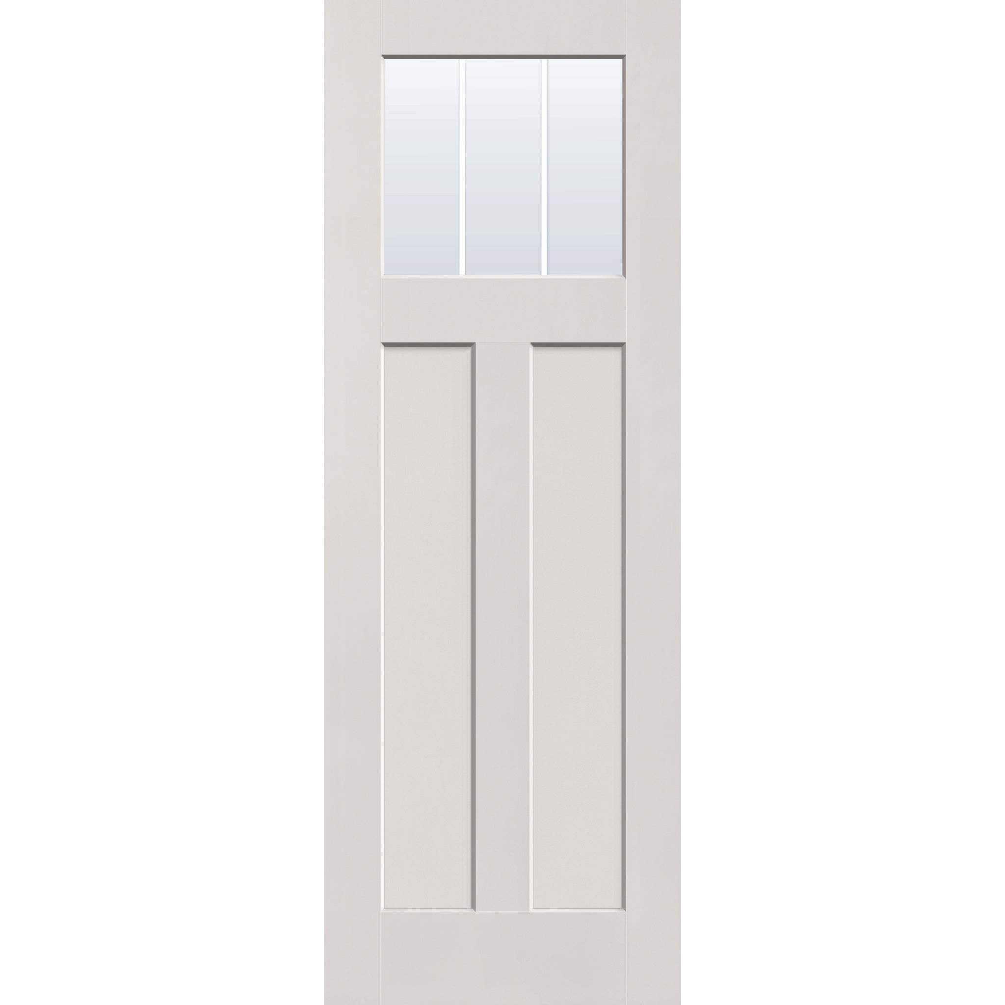 3 light grille flush glazed hurricane-rated fiberglass entry door, Craftsman 2 panel, 34" x 96", white satin smooth finish, white grilles between glass