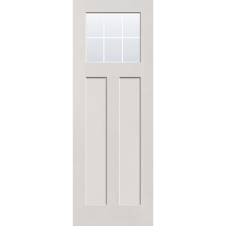 6 light grille flush glazed hurricane-rated fiberglass entry door, Craftsman 2 panel, 34" x 96", white satin smooth finish, white grilles between glass