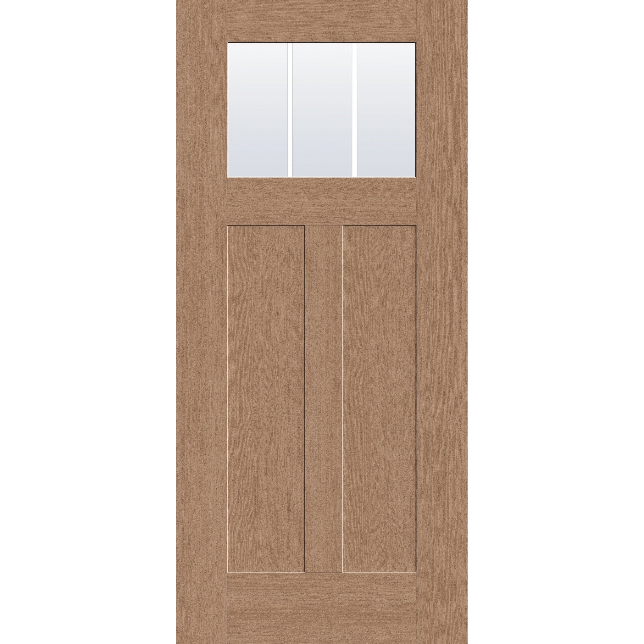 3 light grille flush glazed fiberglass entry door, Craftsman 2 panel, 36" x 80", tan woodgrain finish, white grilles between glass