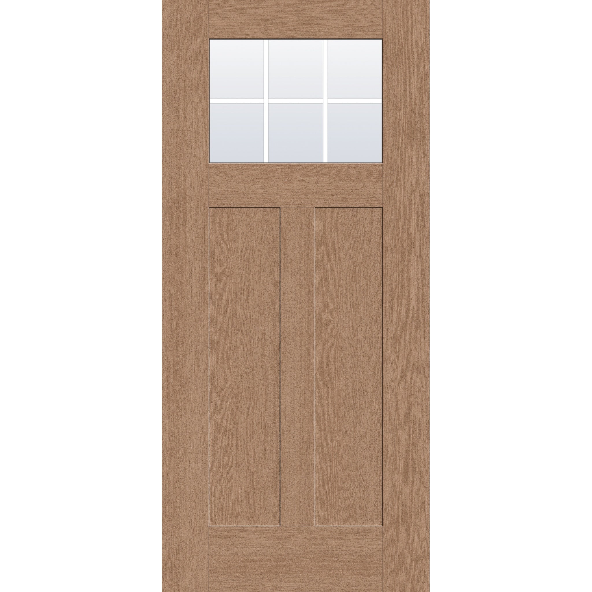 6 light grille flush glazed fiberglass entry door, Craftsman 2 panel, 36" x 80", tan woodgrain finish, white grilles between glass
