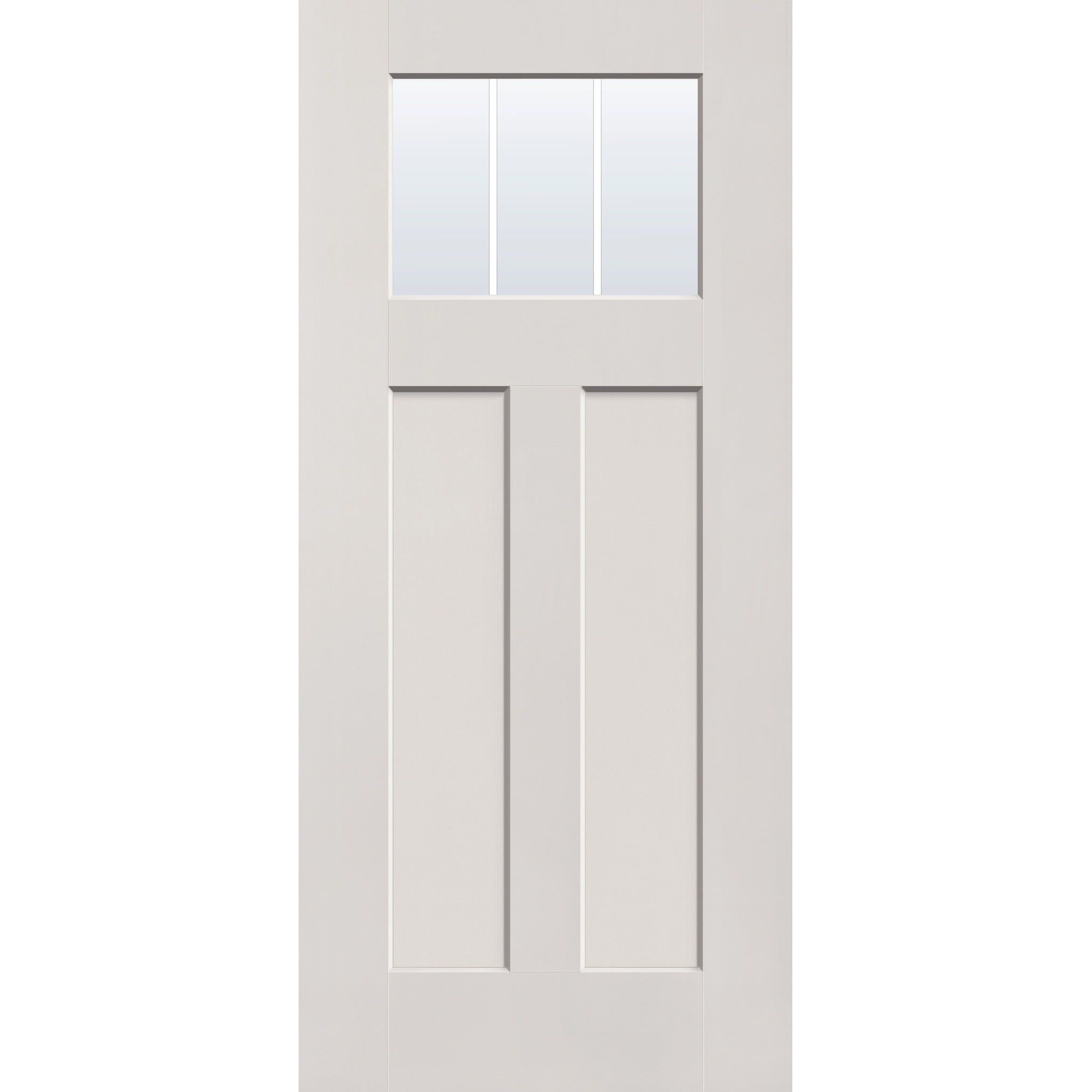 3 light grille flush glazed hurricane-rated fiberglass entry door, Craftsman 2 panel, 36" x 80", white satin smooth finish, white grilles between glass