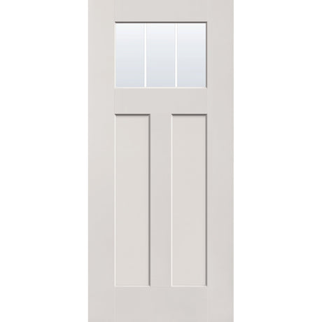3 light grille flush glazed hurricane-rated fiberglass entry door, Craftsman 2 panel, 36" x 80", white satin smooth finish, white grilles between glass