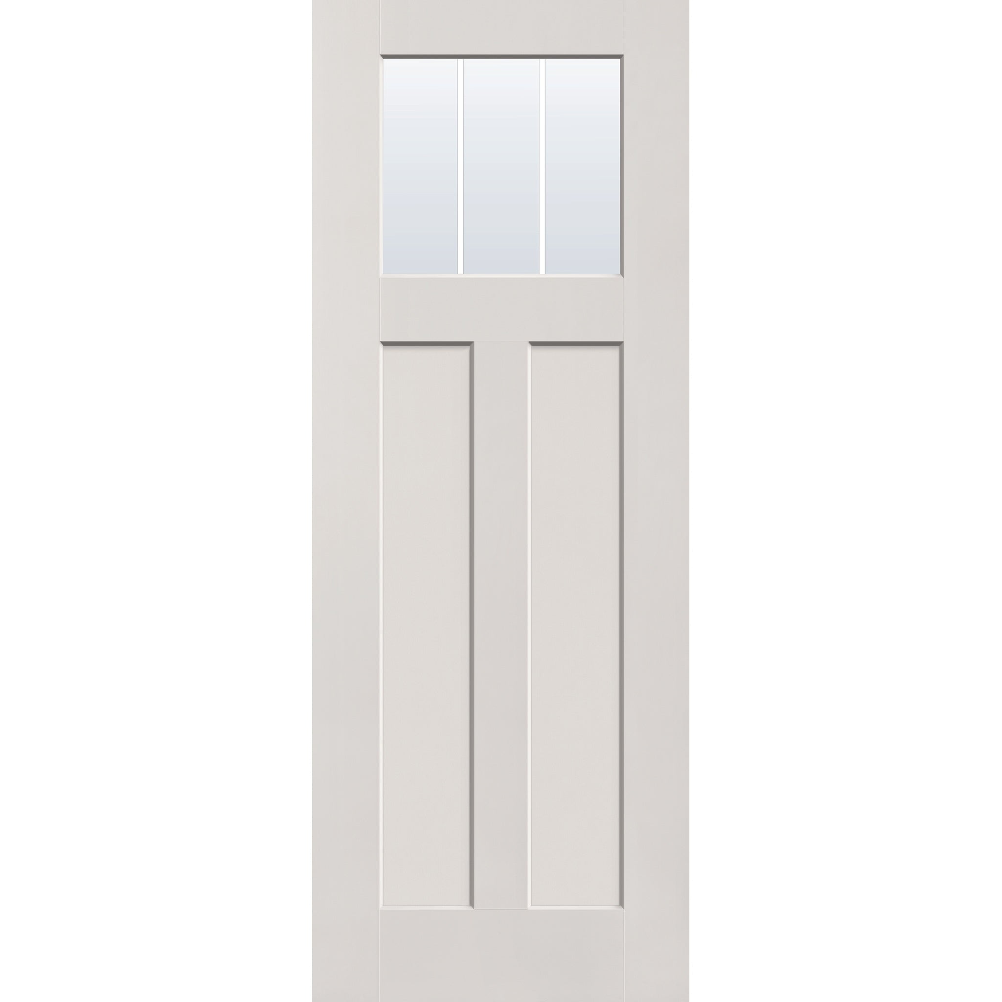 3 light grille flush glazed hurricane-rated fiberglass entry door, Craftsman 2 panel, 36" x 96", white satin smooth finish, white grilles between glass