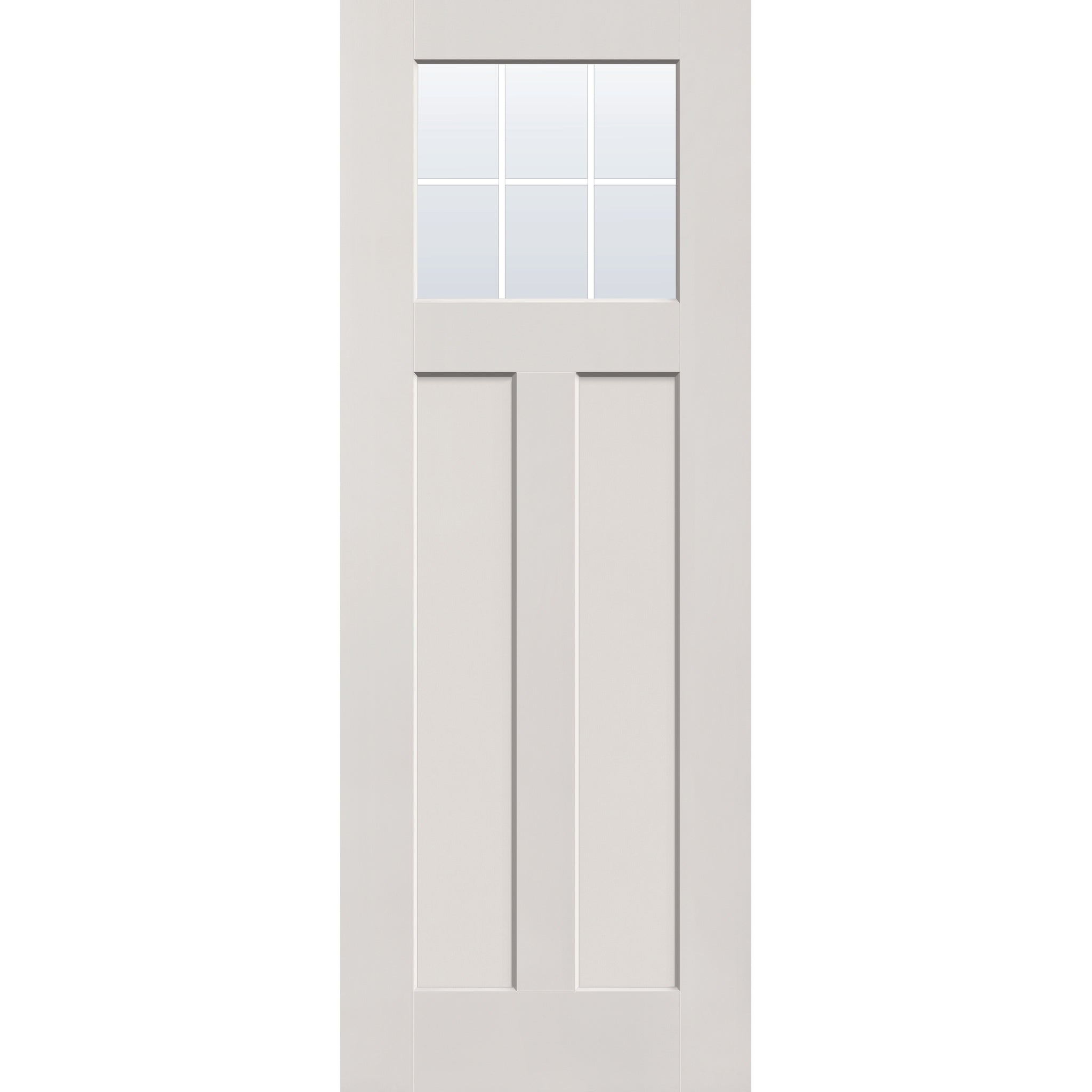 6 light grille flush glazed hurricane-rated fiberglass entry door, Craftsman 2 panel, 36" x 96", white satin smooth finish, white grilles between glass