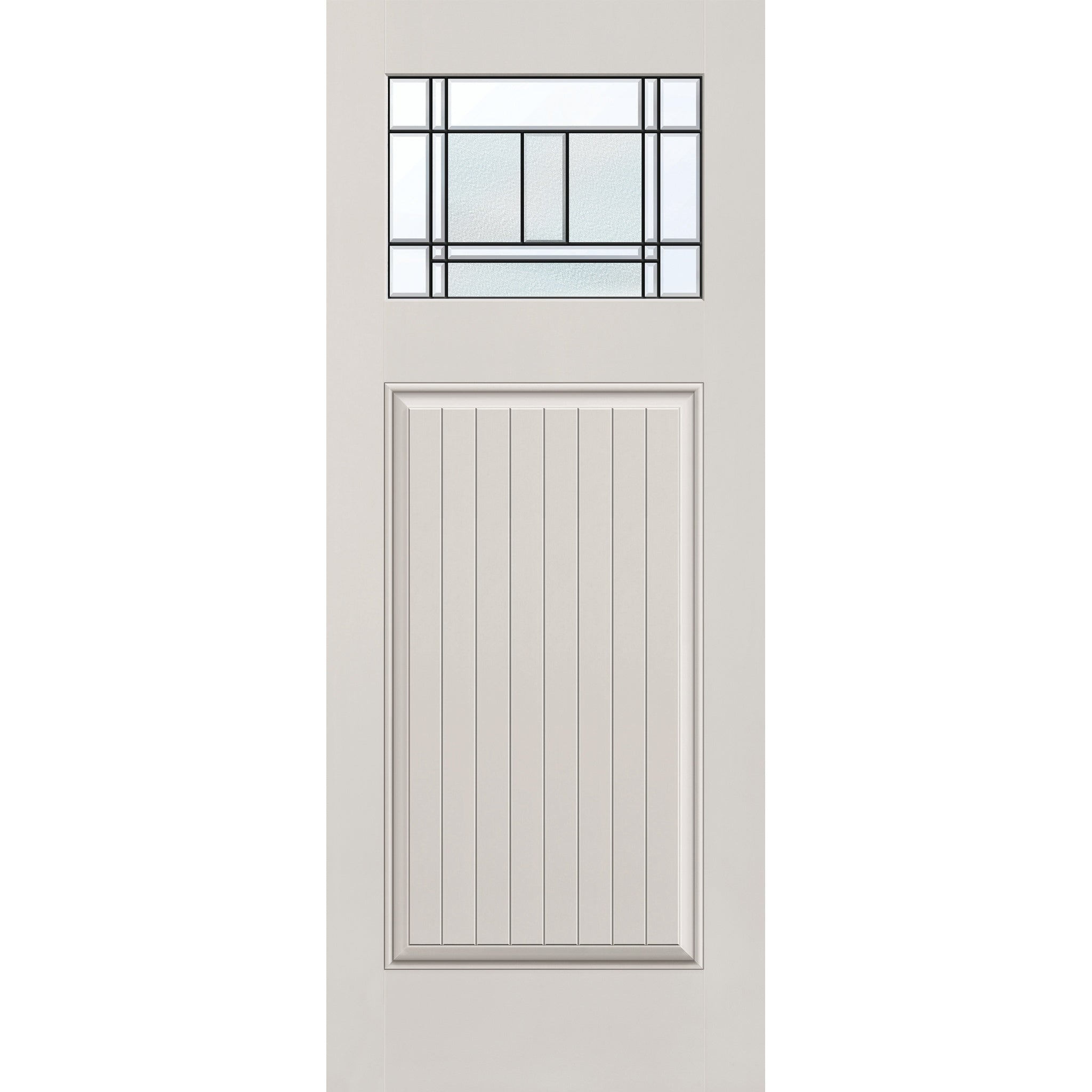 Berkley flush glazed hurricane-rated fiberglass entry door, Craftsman plank, 32" x 80", white satin smooth finish, Patina caming