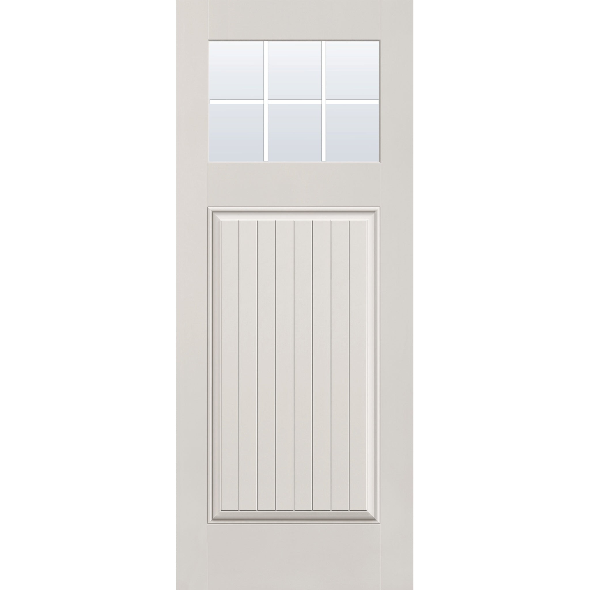 6 light grille flush glazed hurricane-rated fiberglass entry door, Craftsman plank, 32" x 80", white satin smooth finish, white grilles between glass