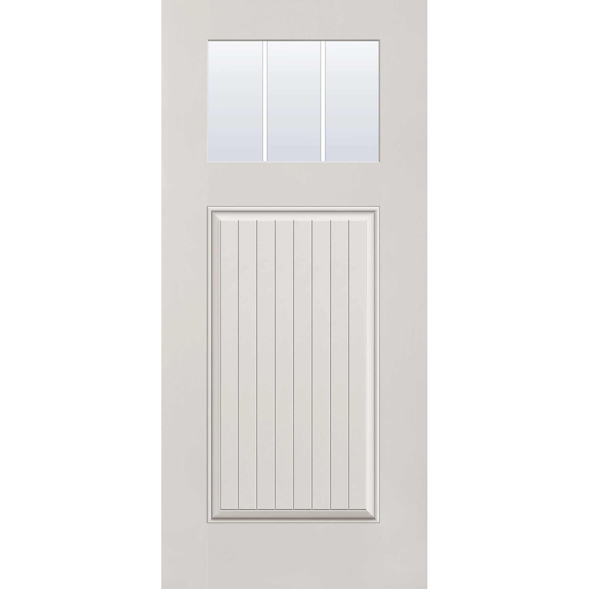 3 light grille flush glazed fiberglass entry door, Craftsman plank, 36" x 80", white satin smooth finish, white grilles between glass