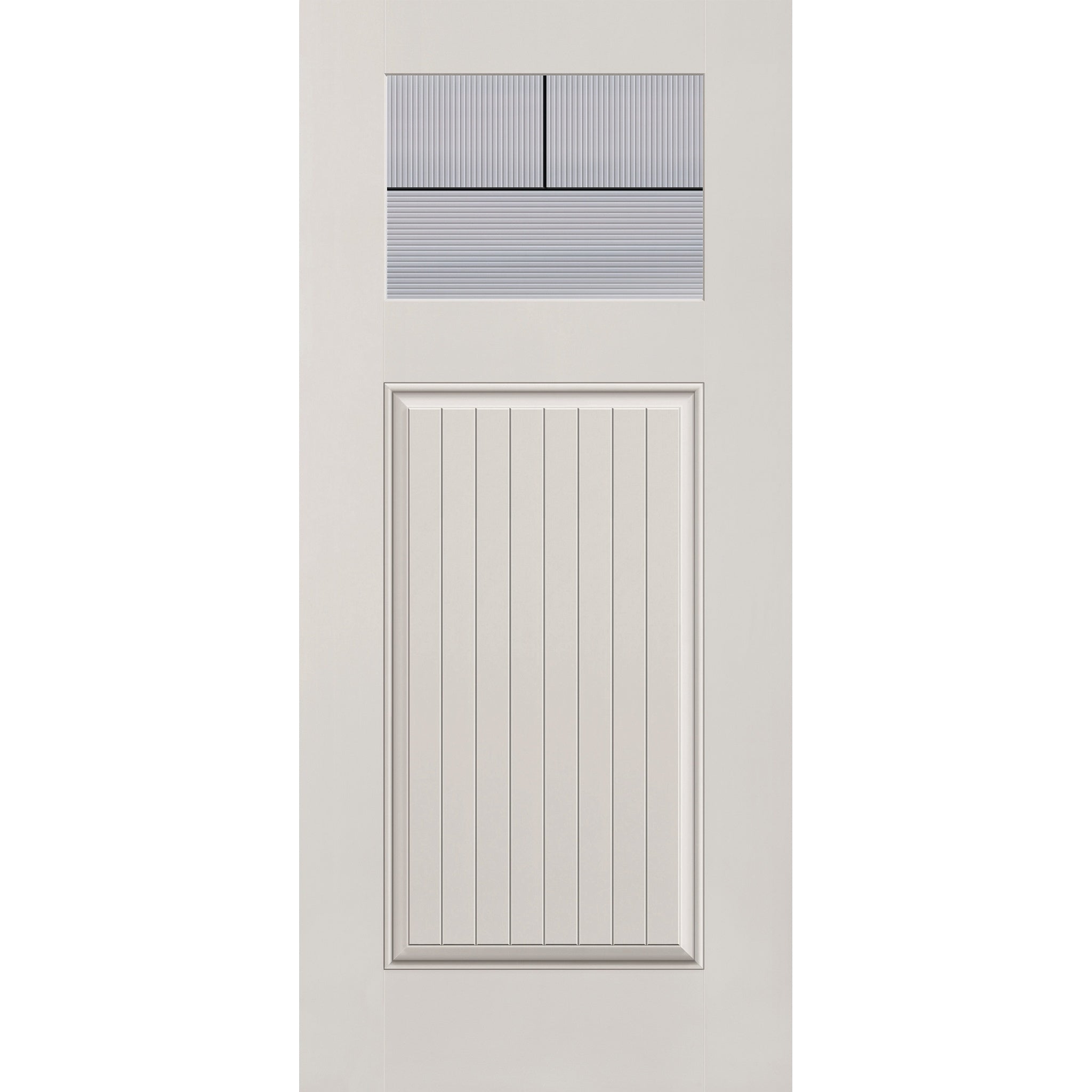Rill flush glazed fiberglass entry door, Craftsman plank, 36" x 80", white satin smooth finish, Black Aluminum caming