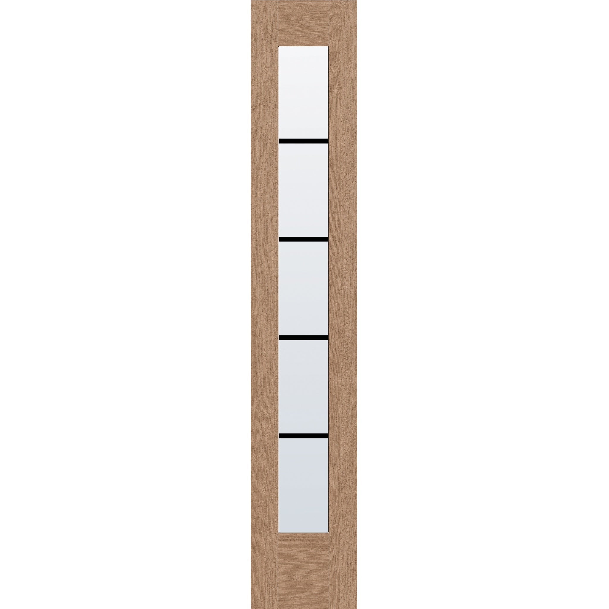 5 light grille flush glazed hurricane-rated fiberglass sidelite panel, full lite, 14" x 80", tan woodgrain finish, black grilles between glass