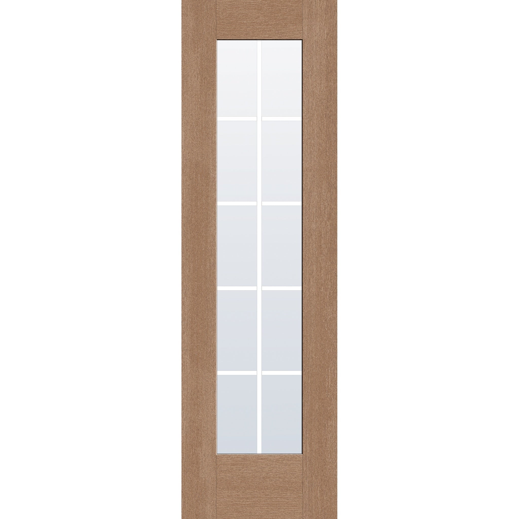 10 light grille flush glazed fiberglass entry door, full lite, 24" x 80", tan woodgrain finish, white grilles between glass