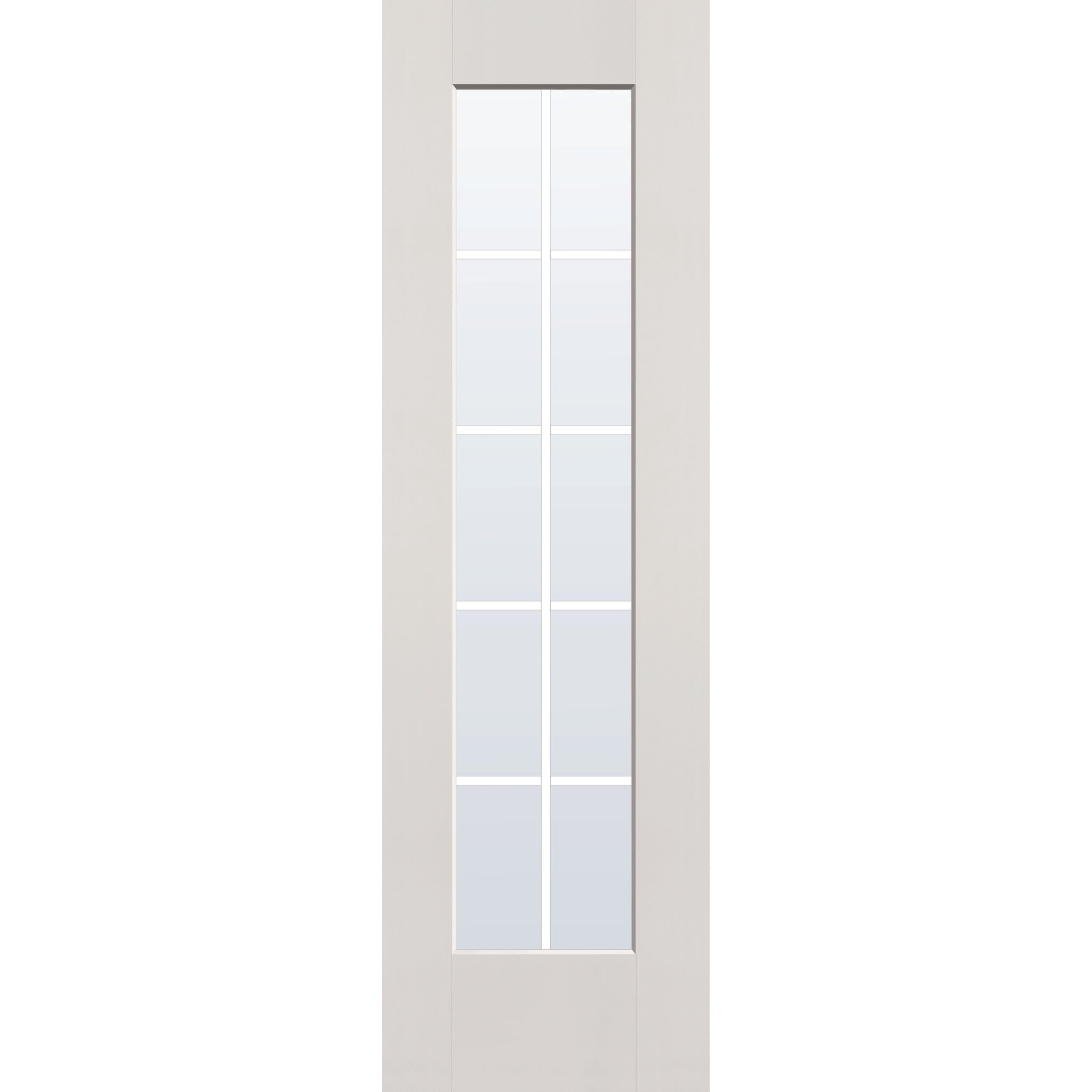 10 light grille flush glazed hurricane-rated fiberglass entry door, full lite, 24" x 80", white satin smooth finish, white grilles between glass