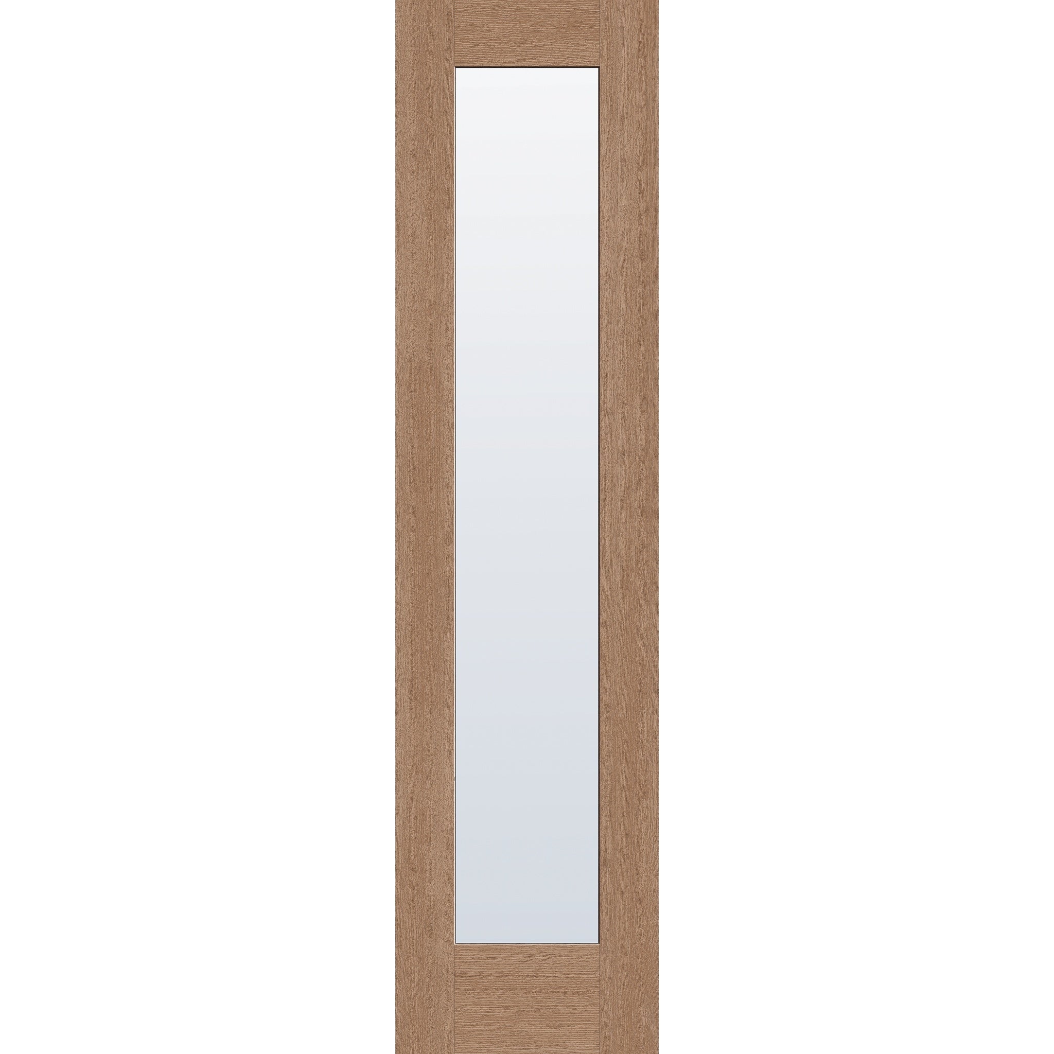 Clear flush glazed hurricane-rated fiberglass entry door, full lite, 24" x 96", tan woodgrain finish